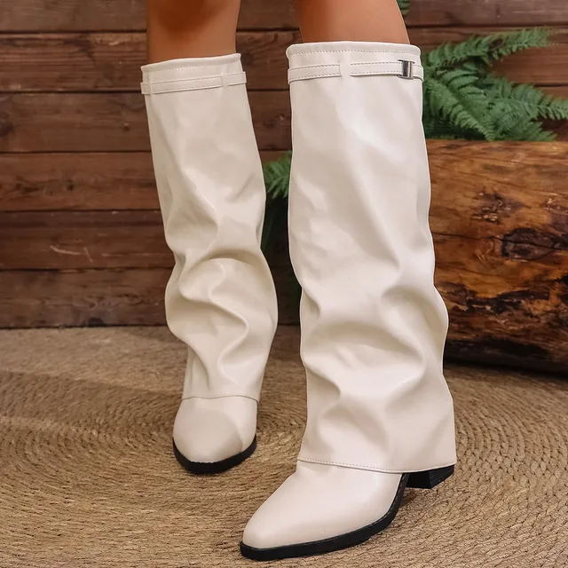 Women's Fashion Folding Knee-high Boots Winter Solid Color Non-slip Thick-soled Wide-leg PU Leather Fashion Boots Botas Mujer 5