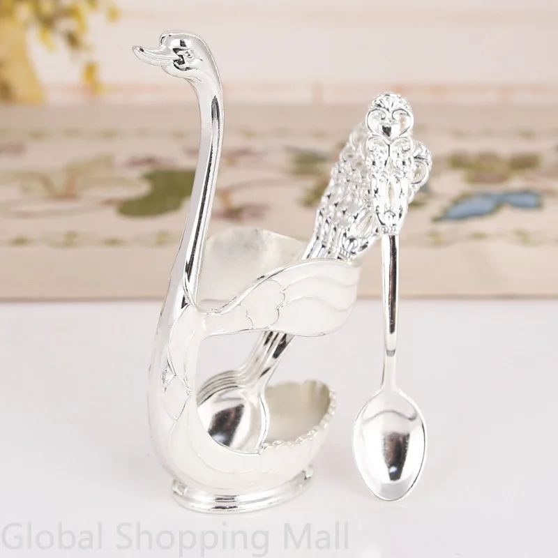 Creative Dinnerware Set Decorative Swan Base Holder 6 Spoons or Folks for Coffee Fruit Dessert Stirring Mixing cutlery set western style cutlery set picnic cutlery set