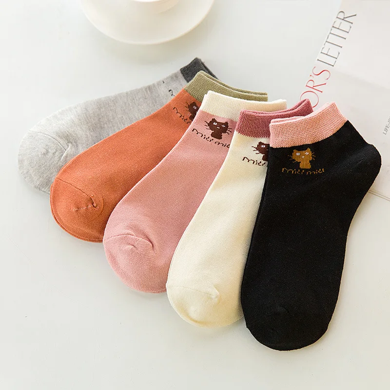 

3/5 Pairs Summer Cute Cartoon Harajuku Cat Women's Sock Slippers Simple Japanese Kawaii Boat Socks Cotton Sock Slipper Hosiery