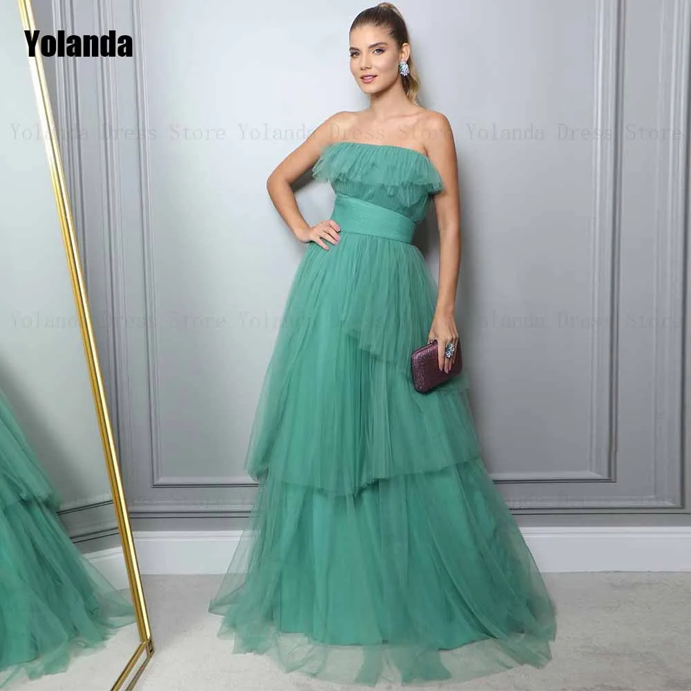 

Fashion 2024 New A-line Evening Dresses Strapless Tulle Layered Sleeveless Open Back Party Dress Floor Length Robe de soirée