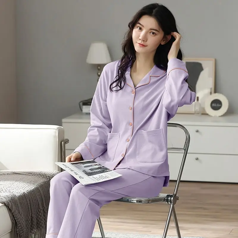 100% Cotton Girls Pajamas Set Women's Spring Autumn Long Sleeve Sleepwear Suit Cardigan Large Size Loose Casual Outside Wear