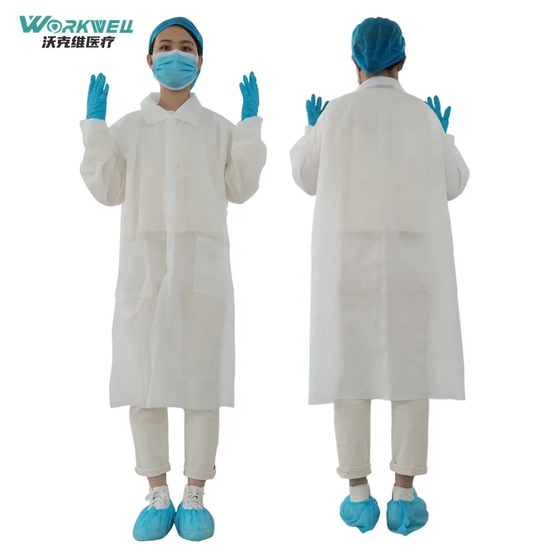 

Factory directly Disposable Nonwoven Lab Coats SMS PP White Medical Lab Coat square collar two pockets