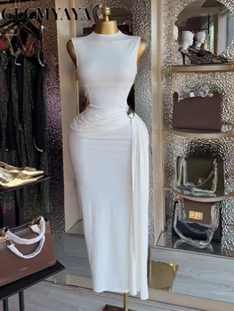 GLCMYAYA Women Sleeveless O-neck Stacked Ruched Side Up Bodycon Midi Maxi Dress 2026 Cocktail Even Birthday Party Trendy Dresses 1