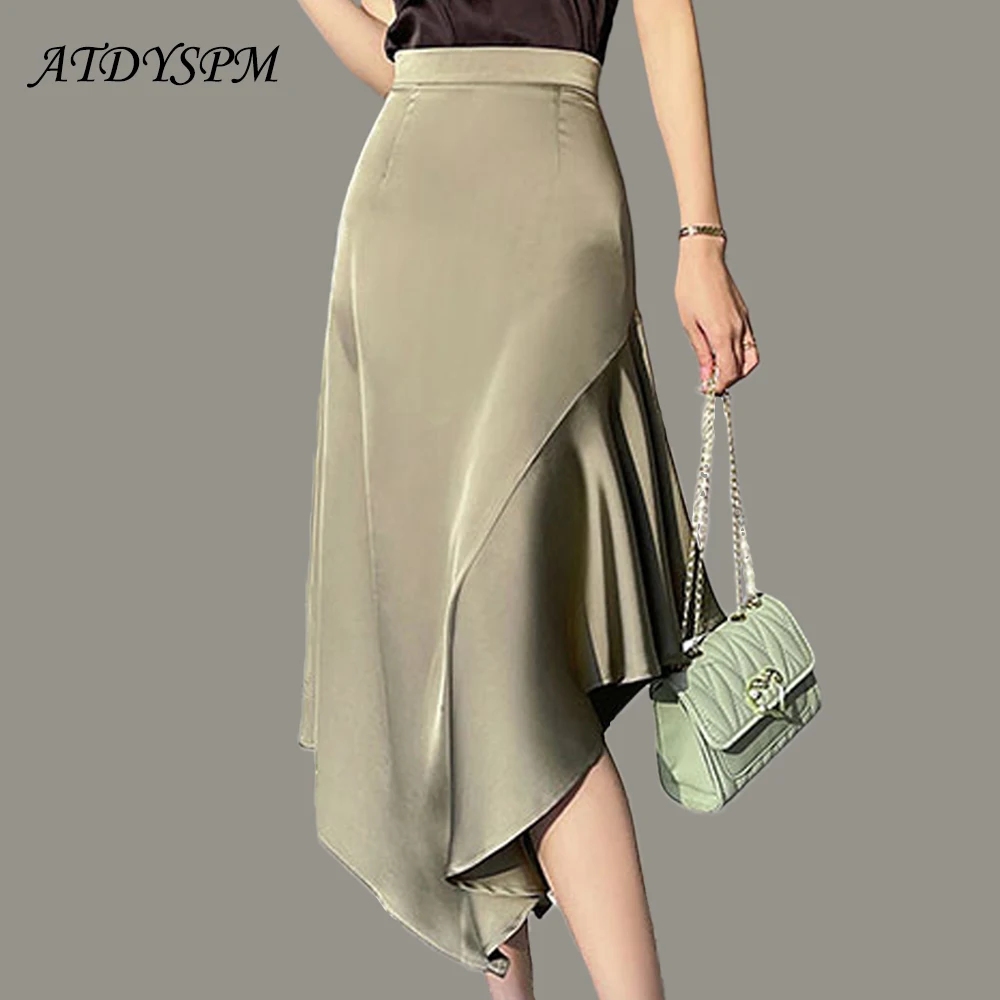 Elegant High Waist Satin Long Skirts Women Fashion Irregular A-Line Mermaid Skirts Casual Ladies Summer Beach Skirt Faldas Mujer