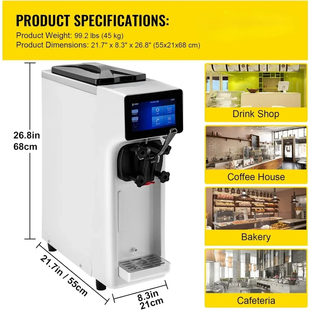 Commercial Ice Cream Maker Countertop Soft Serve Machine with 4.5L Hopper 1.6L Cylinder Touch Screen Puffing Shortage Alarm,ice cream sticks