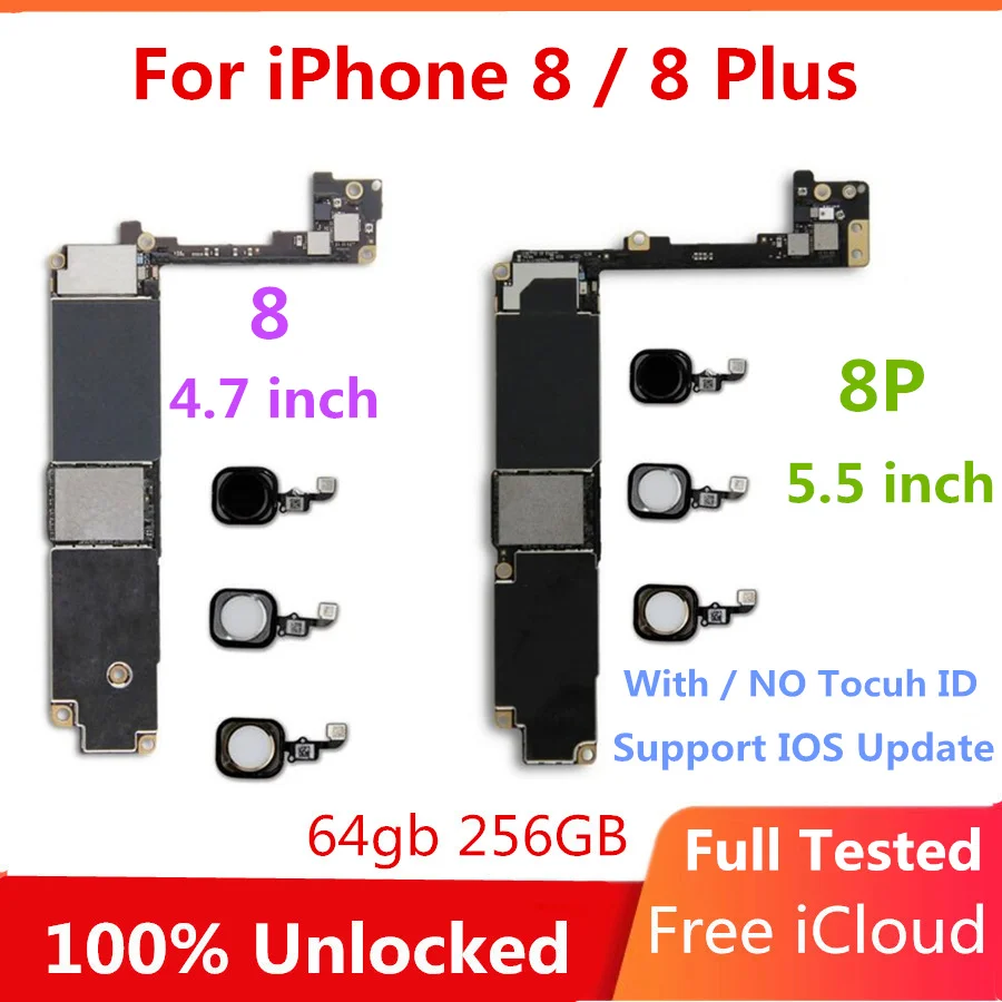 Factory Unlocked For iPhone 8 Motherboard With / Without Touch ID Logic Board For iPhone 8 Plus Original Mainboard Full Chips 1
