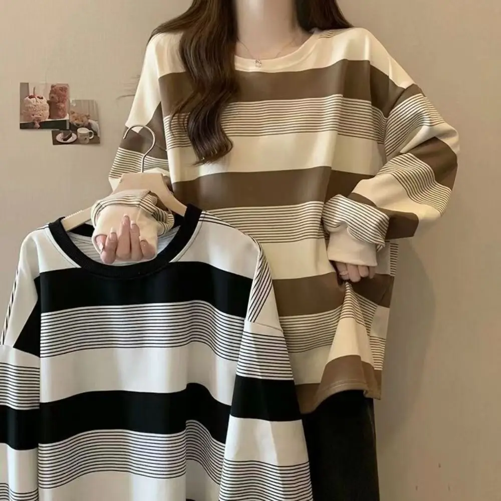 Simple Retro Long Sleeve T Shirt Loose Chic Sweatshirts for Women Stylish Plus Size Striped Blouse Autumn
