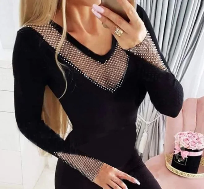

Sexy Blouses for Women Fashion 2023 Autumn Clothing Long Sleeve V-Neck Skinny Rhinestone Decor Hollow Out Top Fashion Pullover