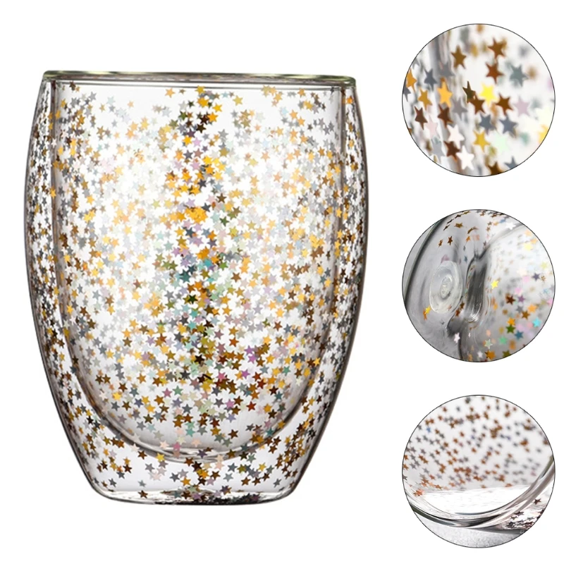 P82D for Creative Double Wall Glass Cups Sequins Star for Wish Glasses Mugs Home Party Bar Wine Cocktail Coffee Milk Glass