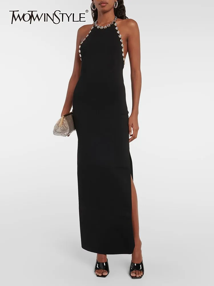 

TWOTWINSTYLE Patchwork Diamond Dresses For Women Halter Sleeveless High Waist Slimming Split Solid Dress Female Fashion Clothing