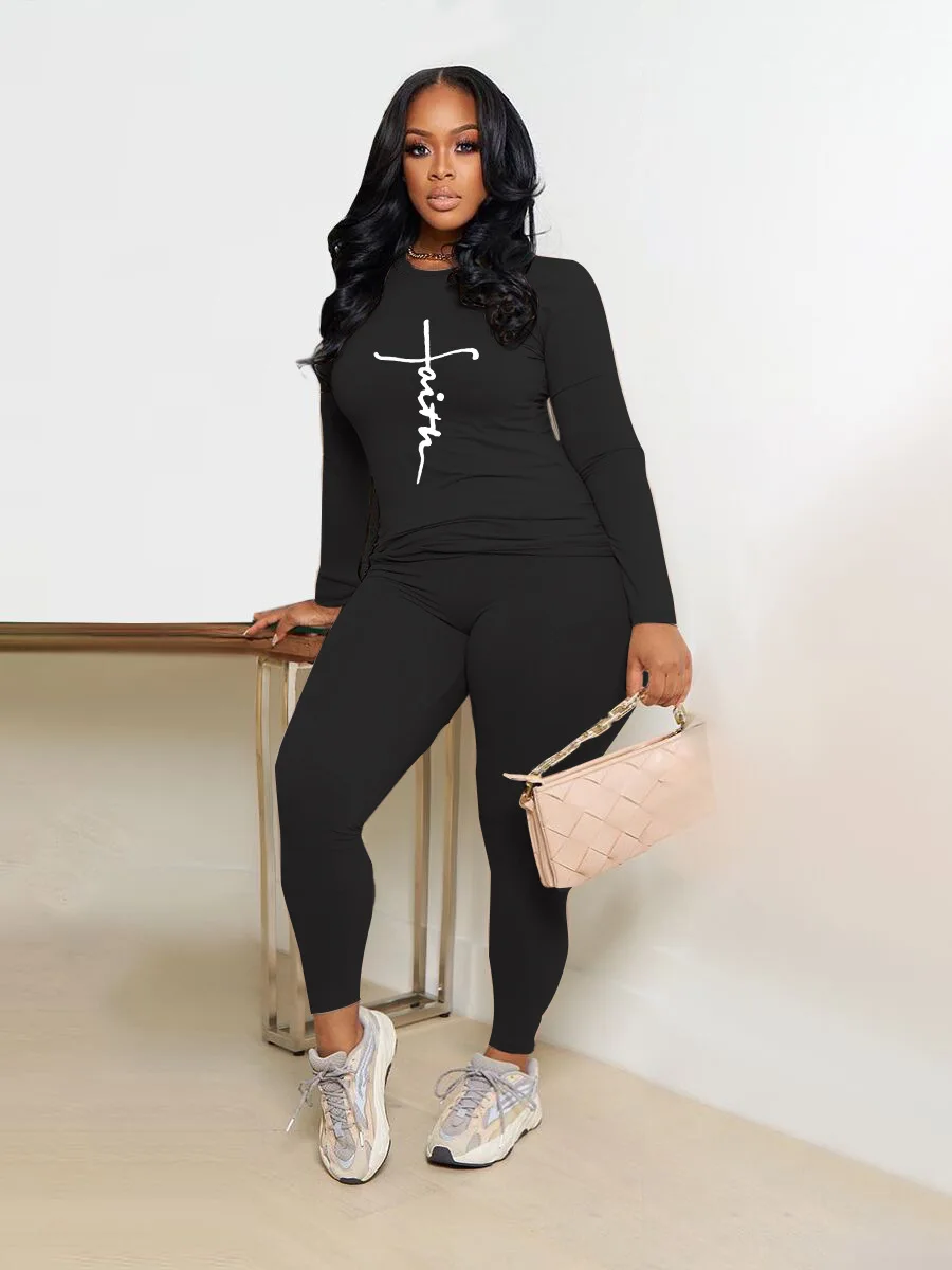 

Women's Fashion Athletic Two-Piece Suit Long Sleeve Crew Neck Top and Pants Printed Letter 2 Piece Sets Womens Outfits