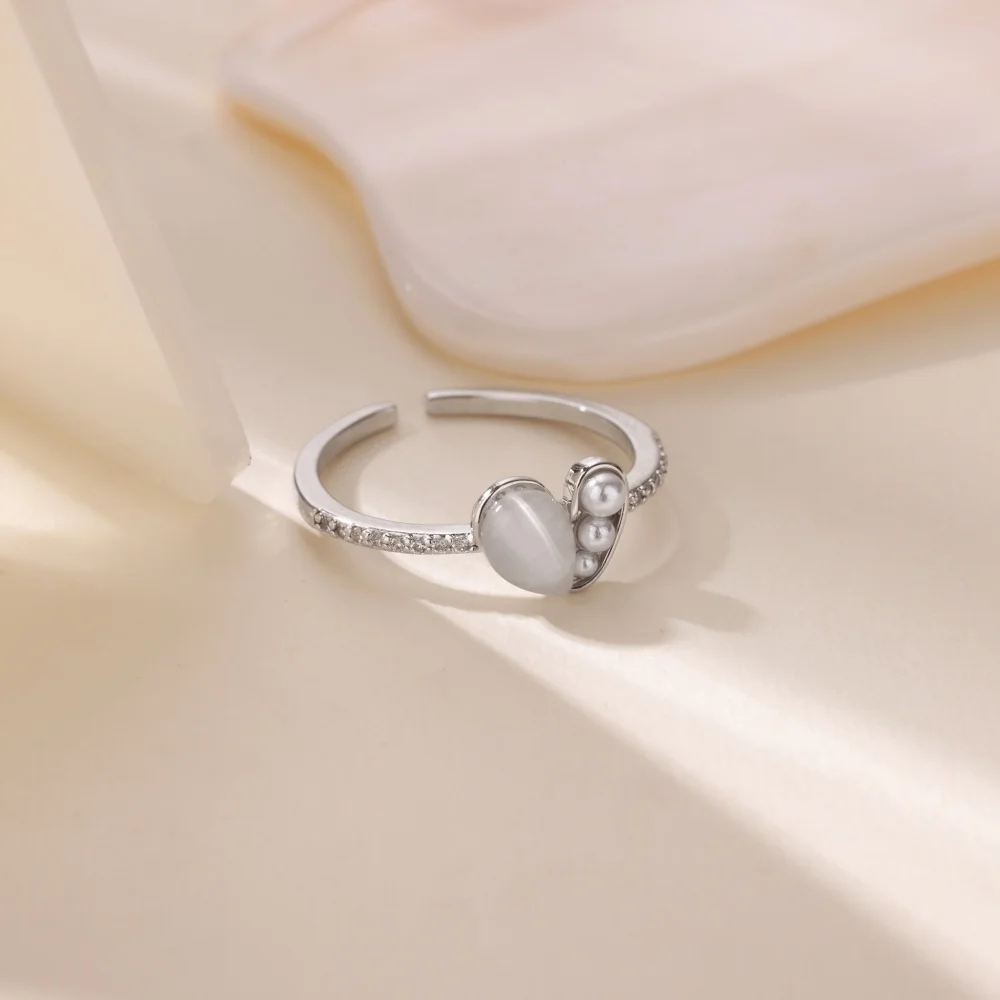Luxury Resin Pearl Zircon Heart Ring For Women