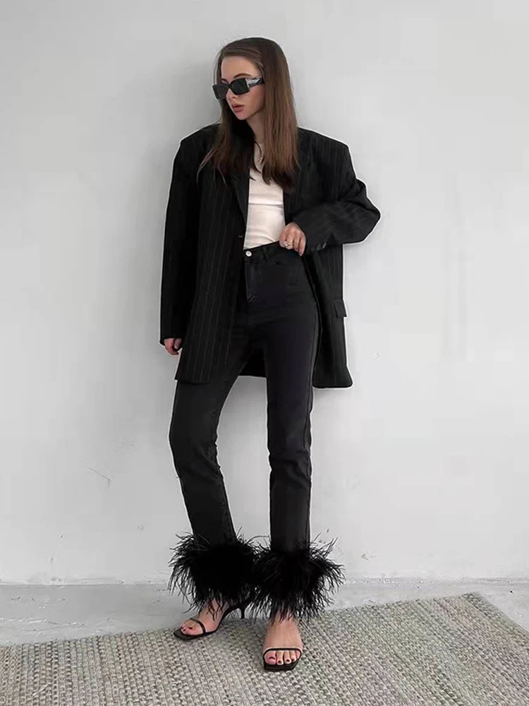 versace jeans couture 2022 Spring Fashion Streetwear Elegant Feathers Jeans Women Stylish Denim Pants Office Lady Crop Trousers Stretch Slim Pant cropped leggings Pants & Capris
