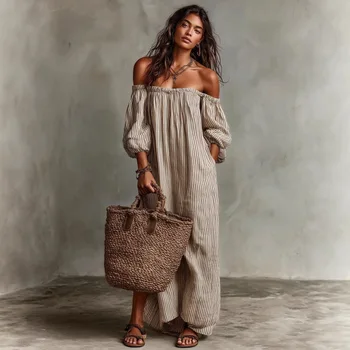 Retro Casual Long Dress Spring Summer Elegant Sexy Cotton Linen Holiday Style One-shoulder Hollow Long-sleeved A-line Dresses 1