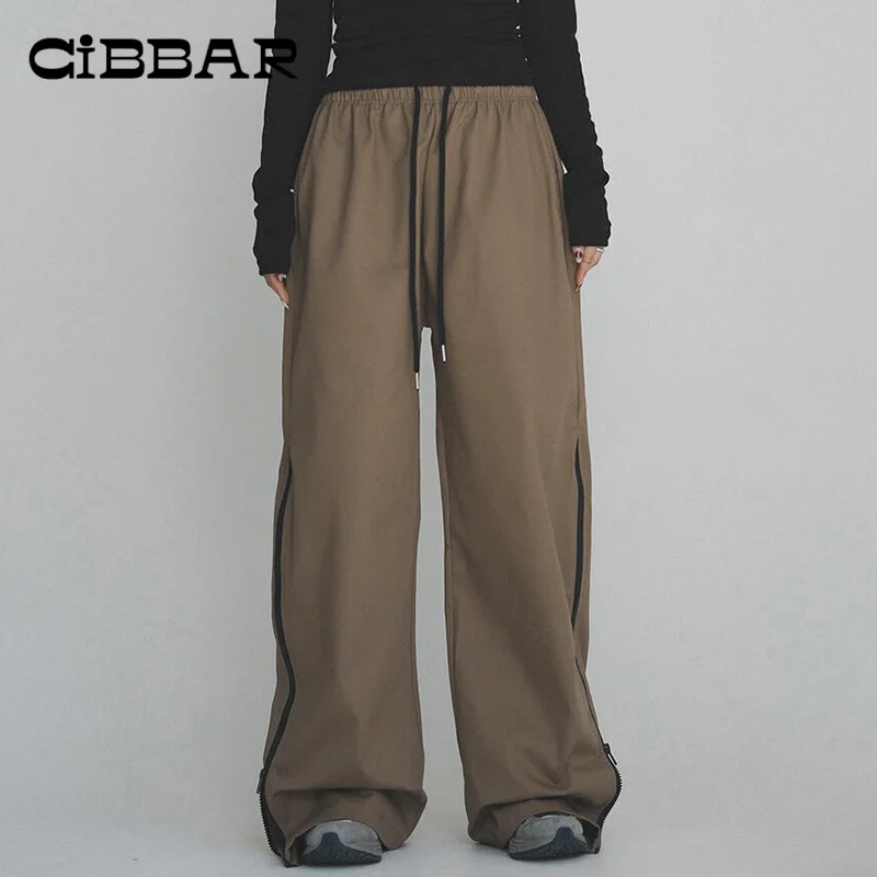 

CIBBAR Women Retro Oversized Wide Leg Pants Baggy Low Rise Casual Brown Vintage Trouser Streetwear Zip Up Drawstring Cargo Pants