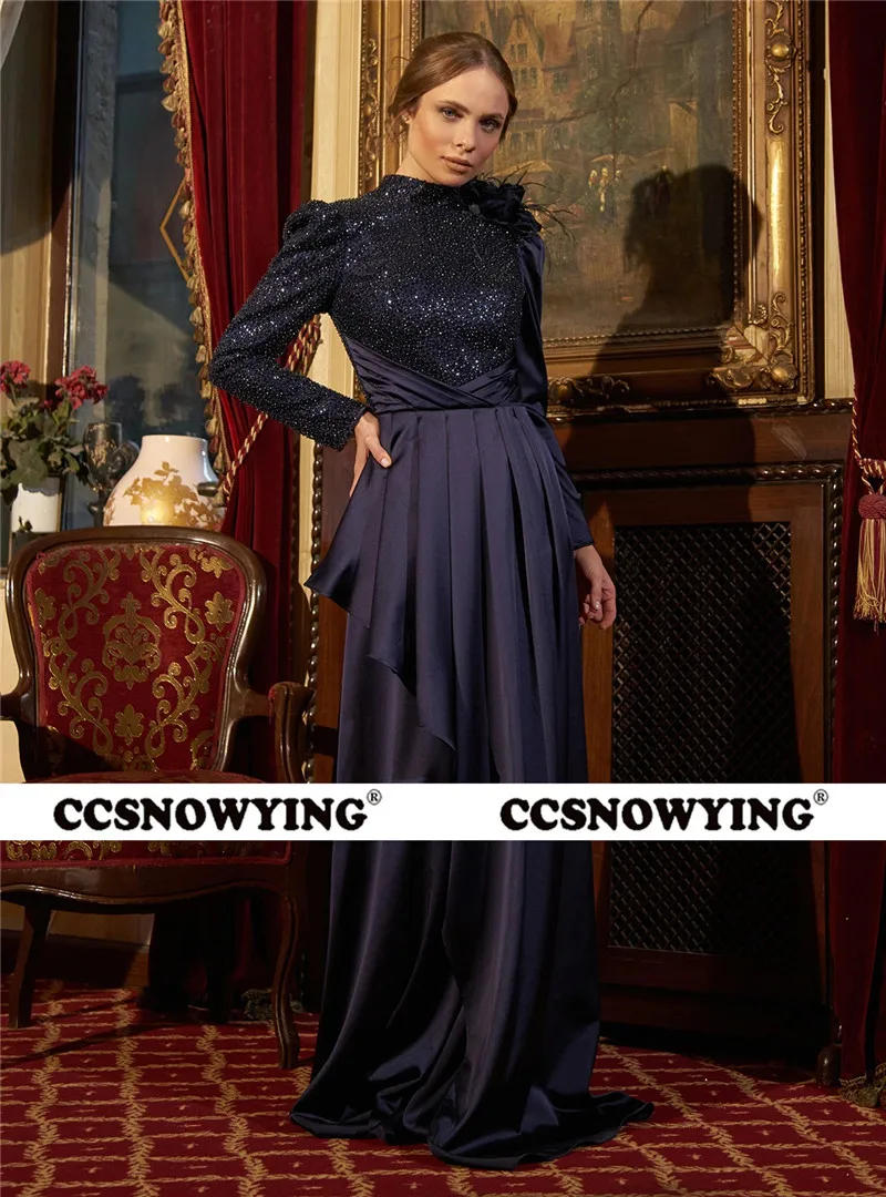 

Satin Sequin Long Sleeve Muslim Evening Dresses Flower Feathers Hijab Islamic Formal Party Gowns Arabic Kaftan Robes De Soirée