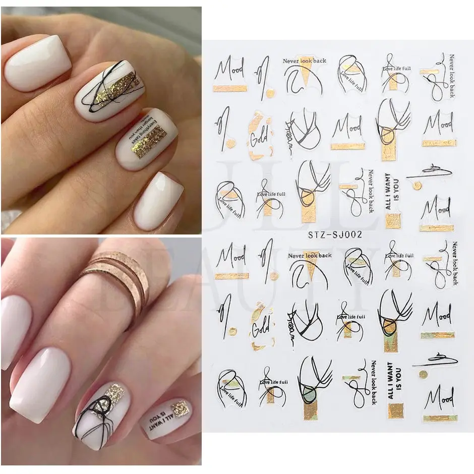 Nail Stickers Abstract Geometry Stickers For Nail 3D Laser Gold Black Leaves Heart Line Adhesive Sliders Decor Holographic Decal
