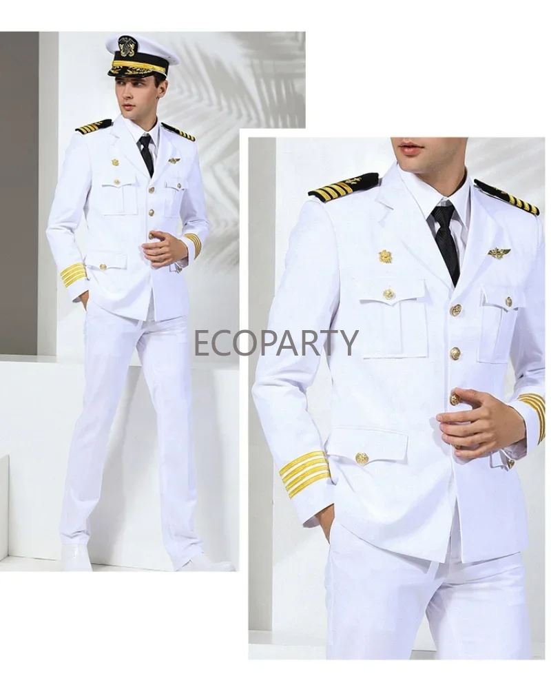 New Uniform Captain and Seafarer Clothes Men American Formal Attire Suits Jacket + Pants Aircraft Commander Mens Suits 2 Piece