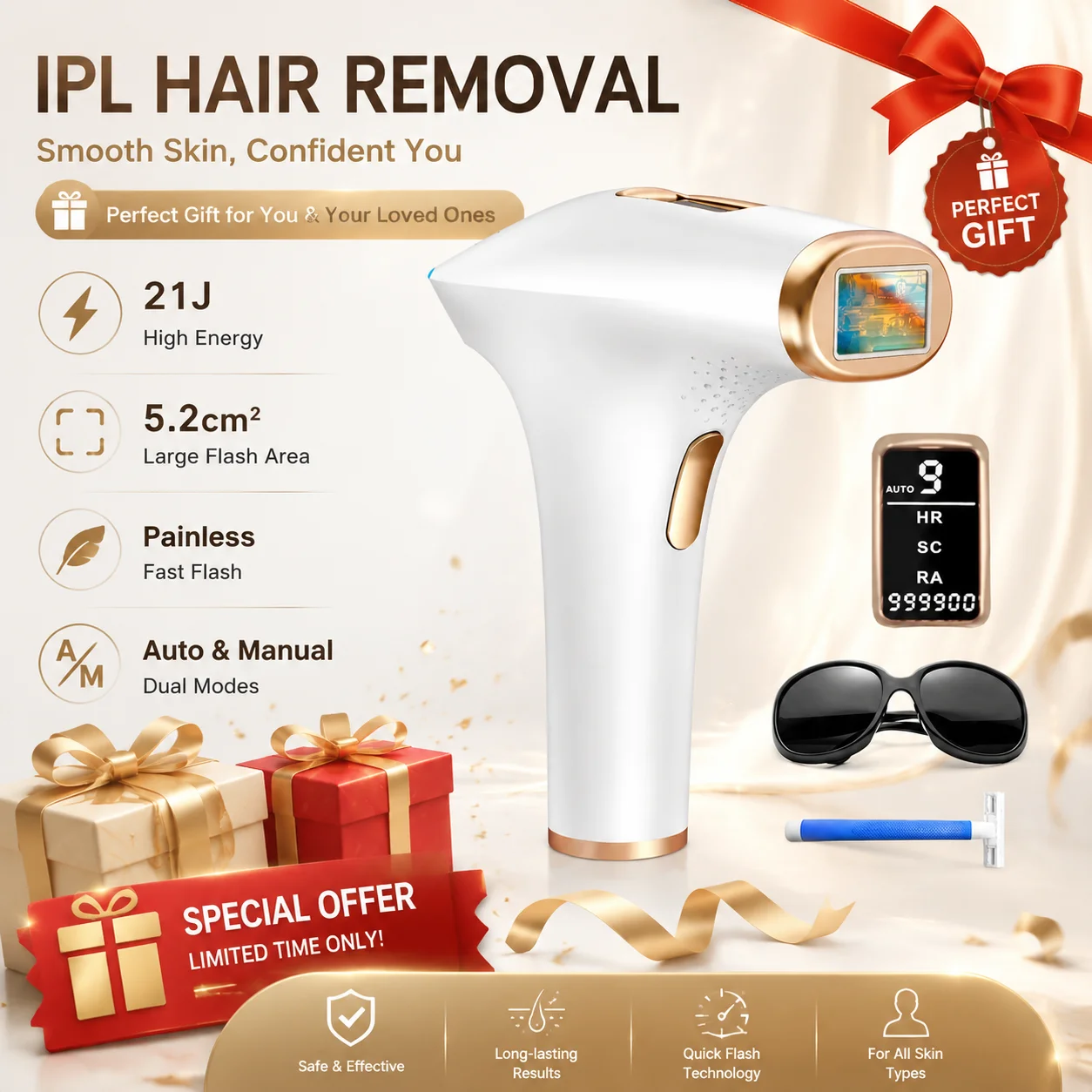جهاز إزالة الشعر بالليزر الدائم بتقنية IPL، 999900 ومضة، 21 جول، وضع تلقائي/يدوي مع 3 وظائف HR/SC/RA للوجه والجسم والمناطق الحساسة