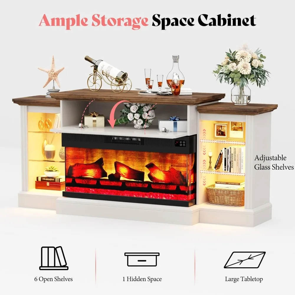 70" Electric Fireplace with Mantel, 3-Sided Fireplace TV Stand, Entertainment Center with Adjustable Shelves & LED Light 4
