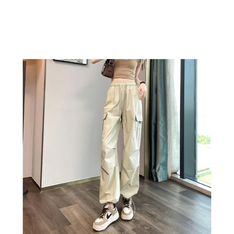Women's Spring Autumn Elastic High Waisted Solid Drawstring Pockets Pleated Casual Harlan Lantern Wide Leg Trousers Pants
