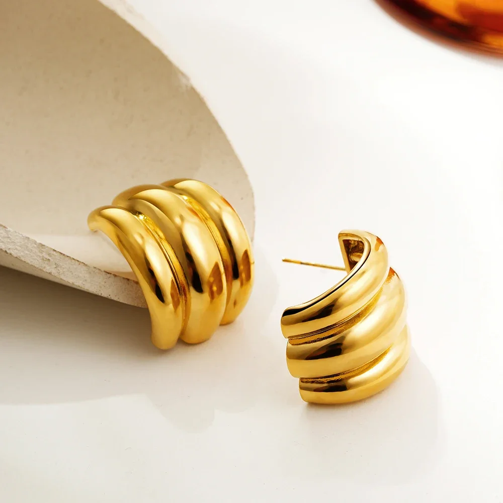 Stylish Polished Lightweight Geometric Big Studs 18K Gold Plated Waterproof Wave C Shape Stainless Steel Dangle Earrings Gifts