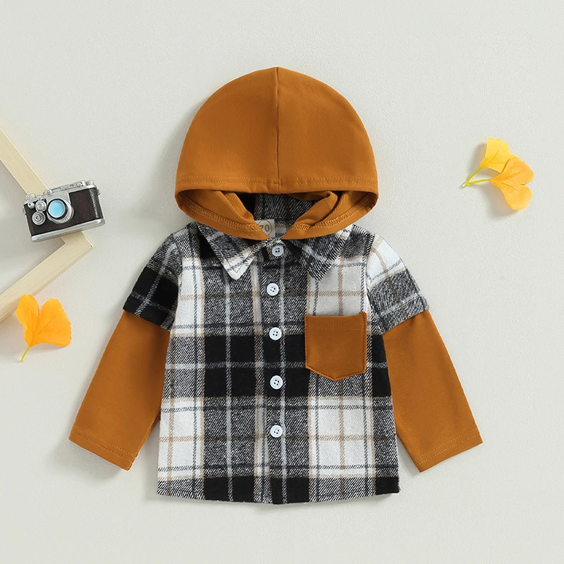 SUNSIOM Baby Boys Shirts Plaid Patchwork Long Sleeve Hooded Turn-Down Collar Buttons Toddler Hoodies Fall Infant Tops