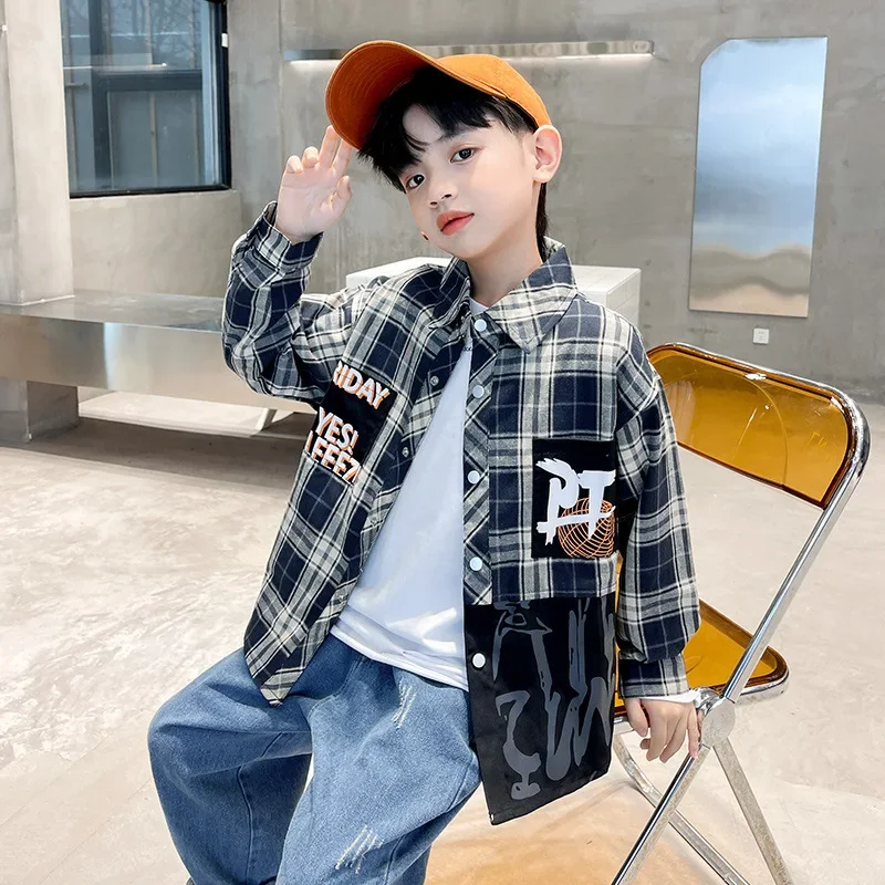 Spring Shirt for Boys Spring Autumn Patterned Plaid Shirt Handsome Boy's Clothing Big Kids Fashionable Checkered