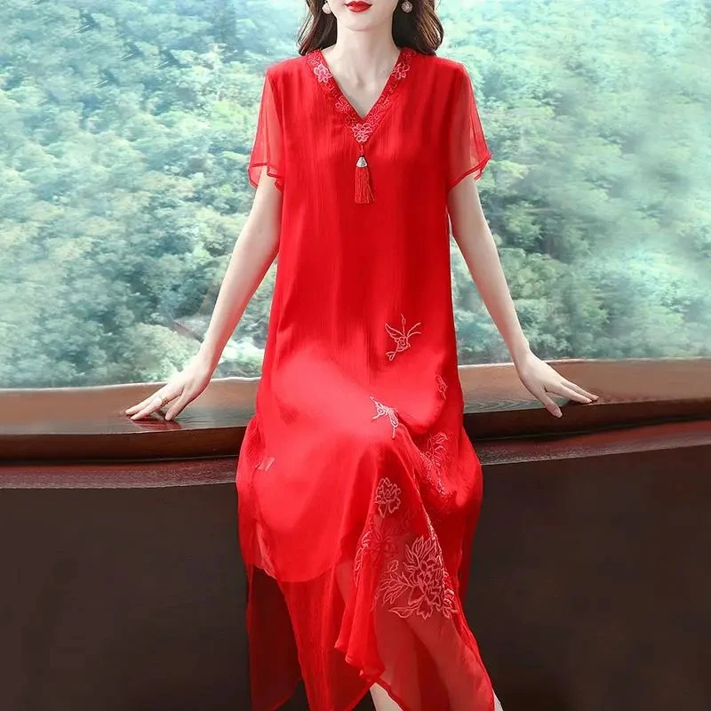 

Платье с вышивкой в китайском стиле, новинка 2023, летнее женское платье с коротким рукавом, ретро-платье в этническом стиле, длинное платье-Ципао с V-образным вырезом