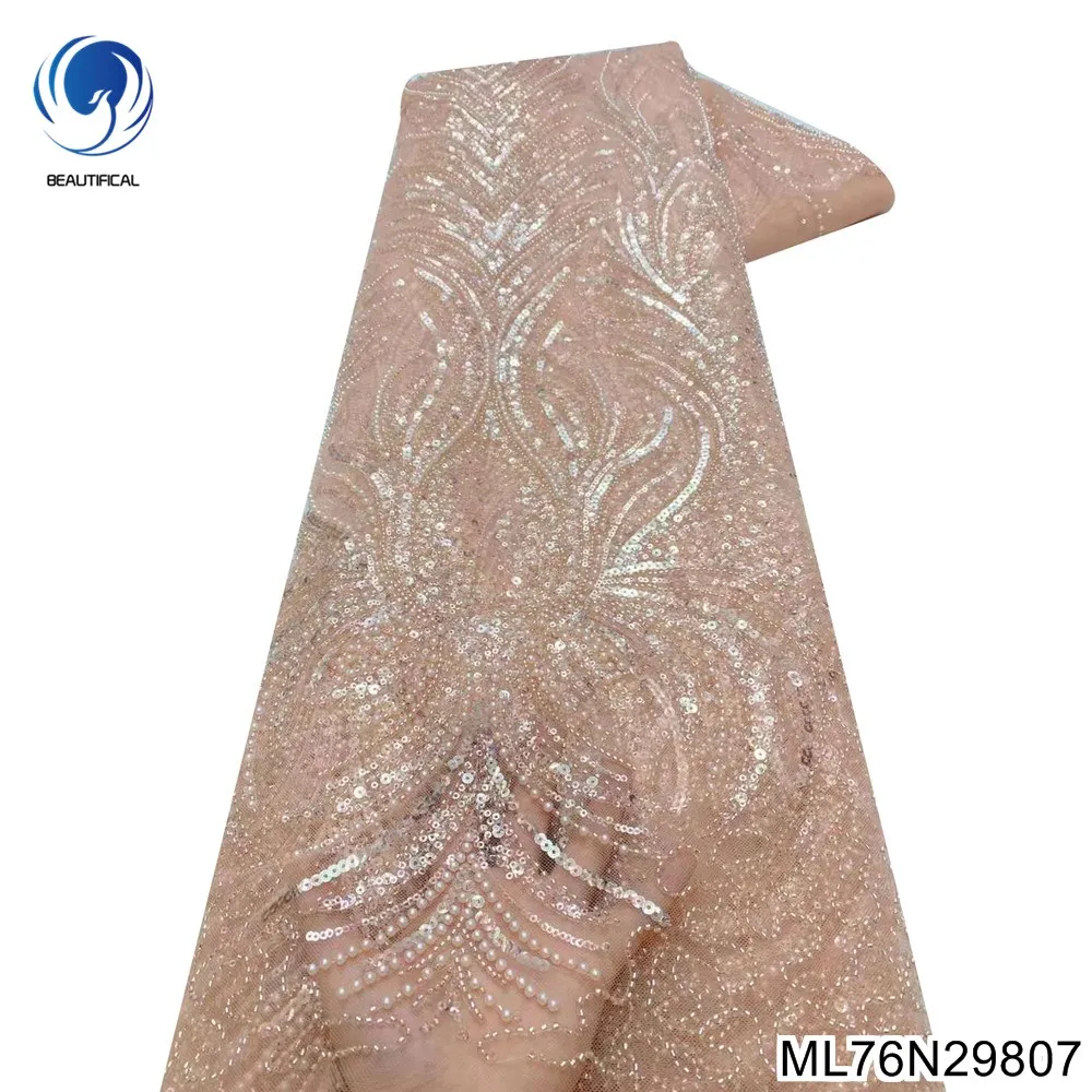 

Luxury gold beads 5 yard tulle fabric 2022 high quality african handmade sequin fabric nigeria for wedding dress party ML76N298