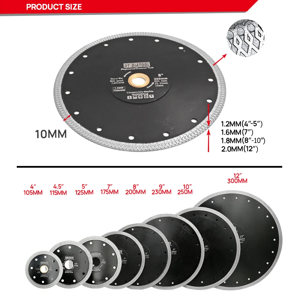 DIATOOL-Diamond Cutting Disc X Mesh Turbo Saw Blades for Ceramic Tile Porcelain Diameter 4 in-12 inch