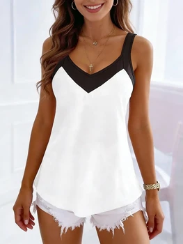 Women's Casual Cami Top Black White Color Block V Neck Wide Strap Sleeveless Spring Summer Daily Loose Elegant Tank Top Blouse 1