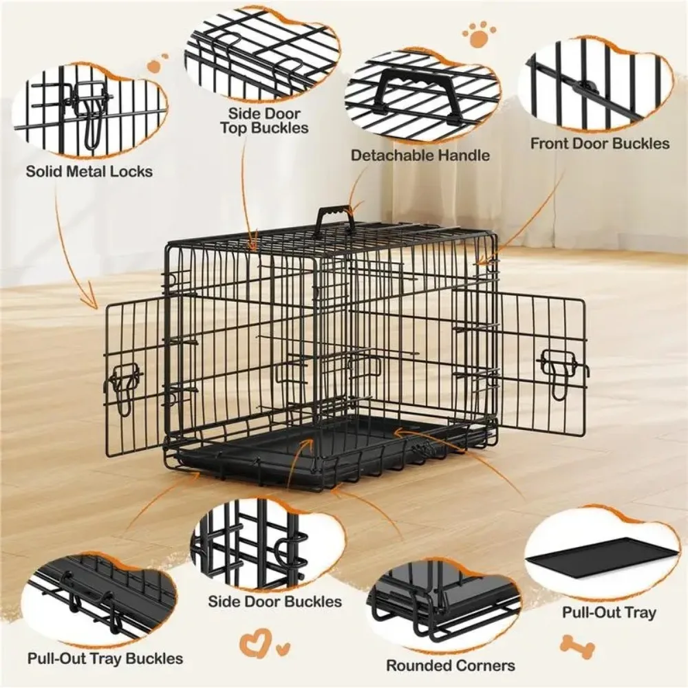 Dog Crate for Dogs with 2 Doors, Detachable Handle, Foldable Metal Wire, Waterproof & Leaky-Proof Tray, Ideal for All Stages