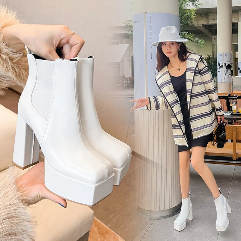 BLXQPYT Zapatos De Mujer Autumn Winter Ankle Boots for Women Square Toe High Heels Leather Pumps Platform Shoes Big Size 48 22-9