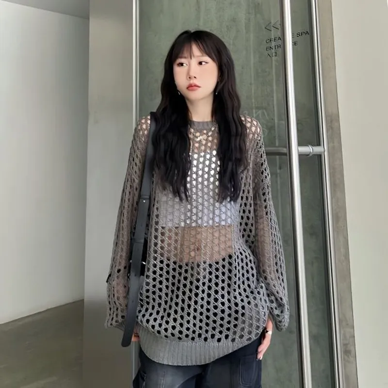 

2023 New Arrival Korean Style Summer Women Casual Loose Fit Fashion Long Sleeve Sweater Hollow Out Design O-neck Sweaters D281