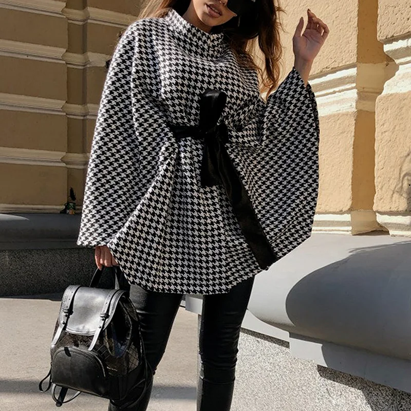 Fashion Houndstooth Ladies Cloak Cape Coat Sashes High Street Casual Oversize Autumn Winter Women Elegant Long Sleeve Pullover
