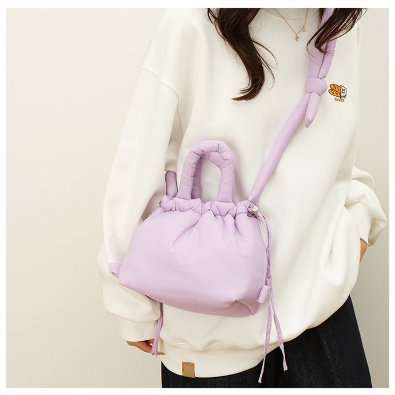 Large Capacity Cotton Crossbody Bag Autumn and Winter New Women's Lightweight Drawstring Tie-out Hand Bucket Bag