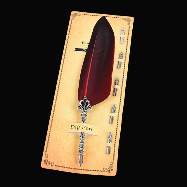 1 Set Feather Fountain Pen Calligraphy Pen Quill Oblique Fountain Luxury Pen Ink +5pcs Nib Metal for Fancy Font Office Supplies Red