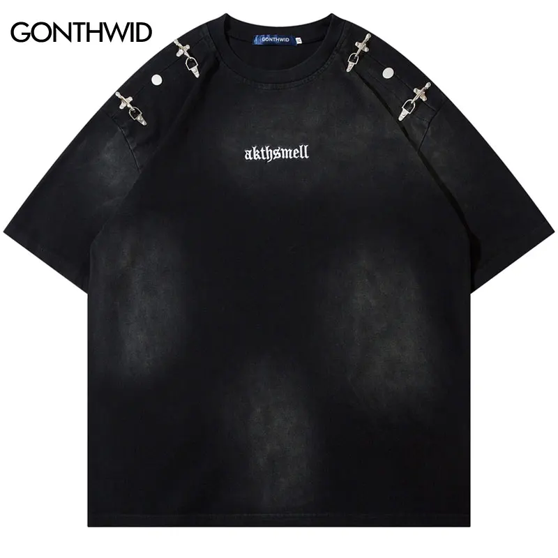 

Vintage Oversize T-Shirt Grunge Embroidery Letter Metal Button Tie Dye Washed Tshirt Streetwear Men 2024 Punk Loose Cotton Tops