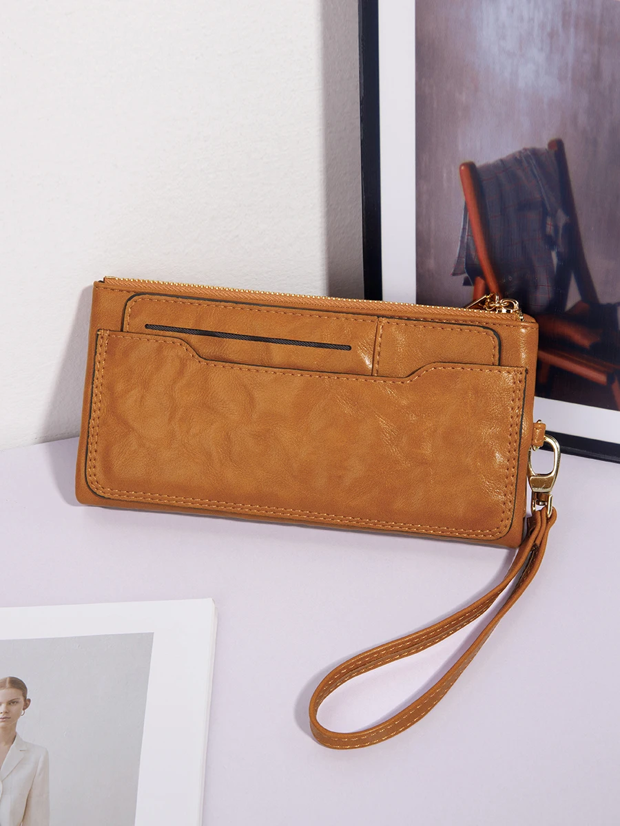 Women's wallet Retro double fold long wallet, minimalist style wallet with credit card slot and wrist strap
