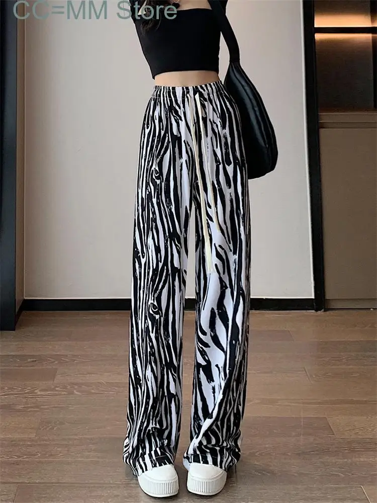 New Zebra Stripes Pants Women Streetwear Elastic Waist Drawstring Wide Leg Pants Women Straight Full Length Pants