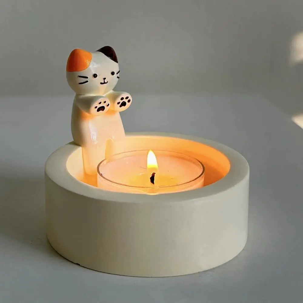 Cute Cat Candle Holder - Kitten Warming Paws Resin Figurine Candlestick, Handmade Decor - View #2