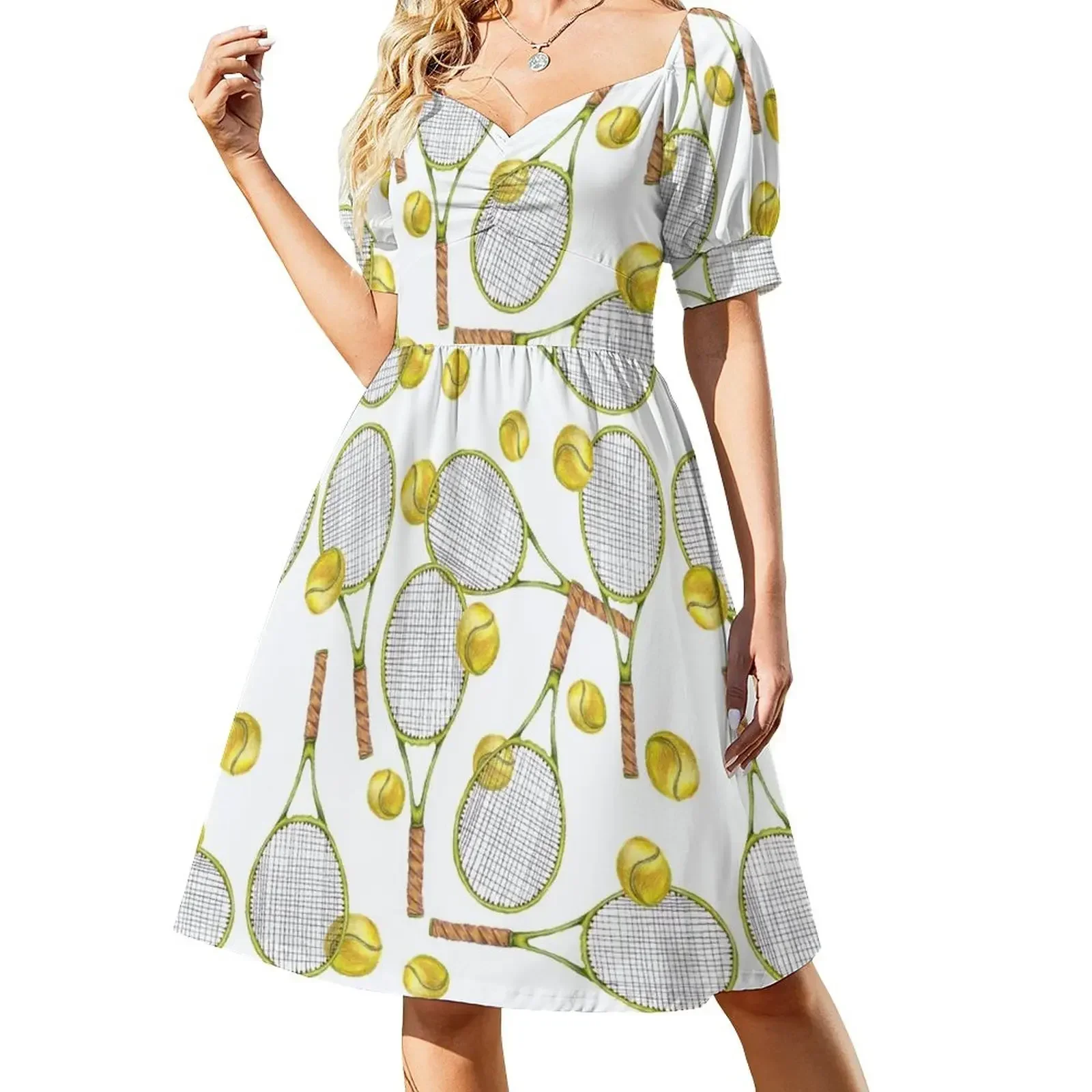 thumbnail image 1 of Patrón con raquetas de tenis y pelotas de tenis. Lápiz de color Vestido de manga corta Falda de verano para mujer Vestido para niñas, 1 of 8