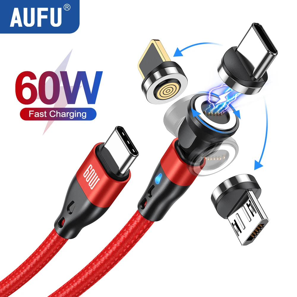AUFU 마그네틱 USB C 케이블, PD60W, USB C에서 C 타입 고속 충전기, 아이폰 맥북 삼성 샤오미 자석 충전기 와이어