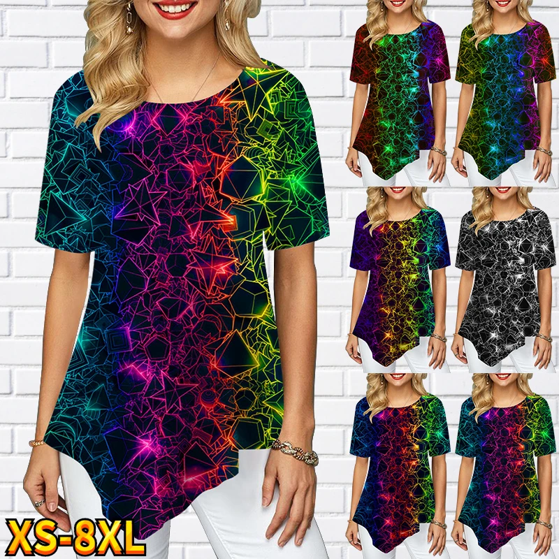 

Женская футболка, разноцветный блестящий топ с цветочным принтом, женская летняя футболка, модные женские топы, Повседневная футболка с коротким рукавом, женская футболка