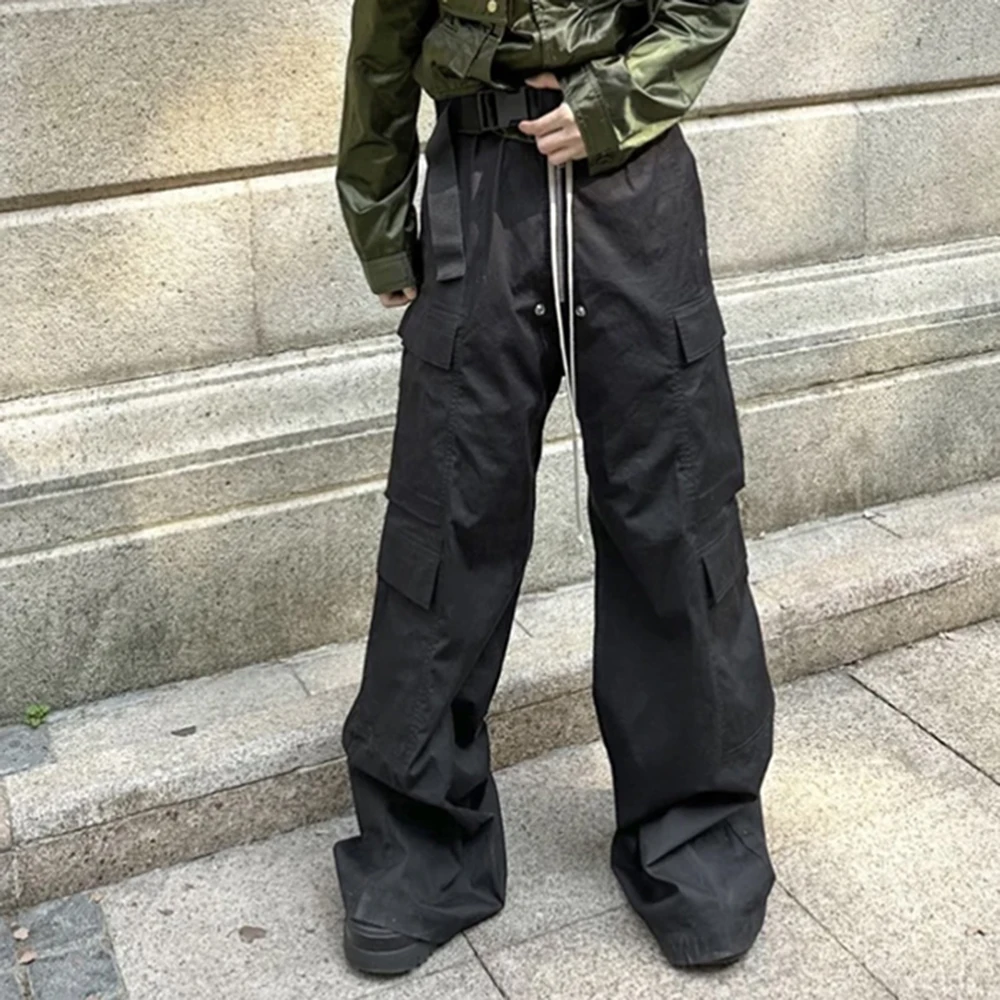 Wide Leg Pants Ro Style Wide Leg Drawstring Cargo Pants Unisex Straight Baggy Casual Overalls
