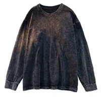 Plus Size Loose Long Sleeve T-Shirt Large Size 230g Washed Pure Cotton Retro Back Pack Collar Vintage Style Women's Fashion Top