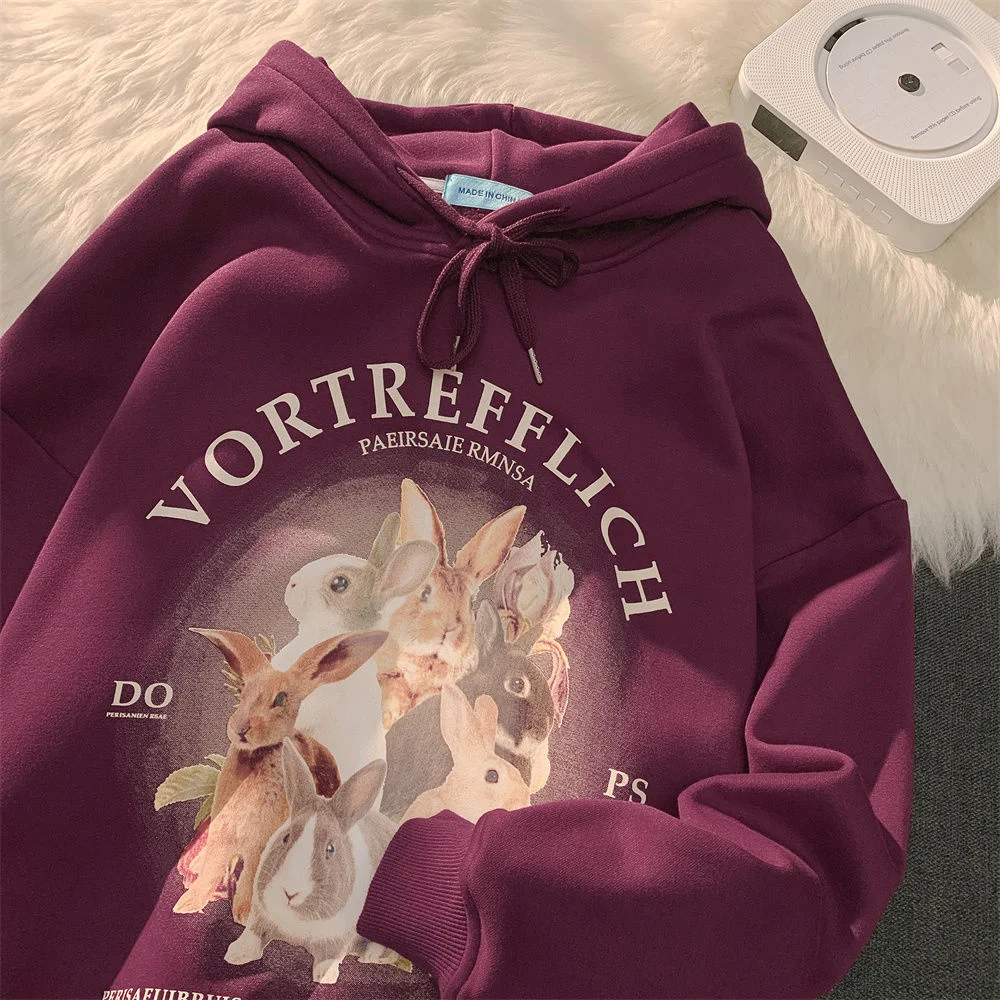 

American High Street Rabbit Print Hoodies Men Oversized Sweatshirt Thicken Winter Y2K Top Harajuku Korean Casual Kawaii Clothes