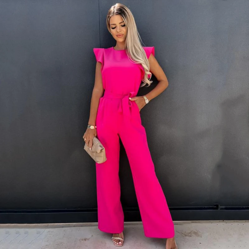 Elegant O Neck Ruffle Sleeve High Waist Belt White Summer Jumpsuit Women 2022 Sweet Office Ladies Straight Pants Casual Playsuit
