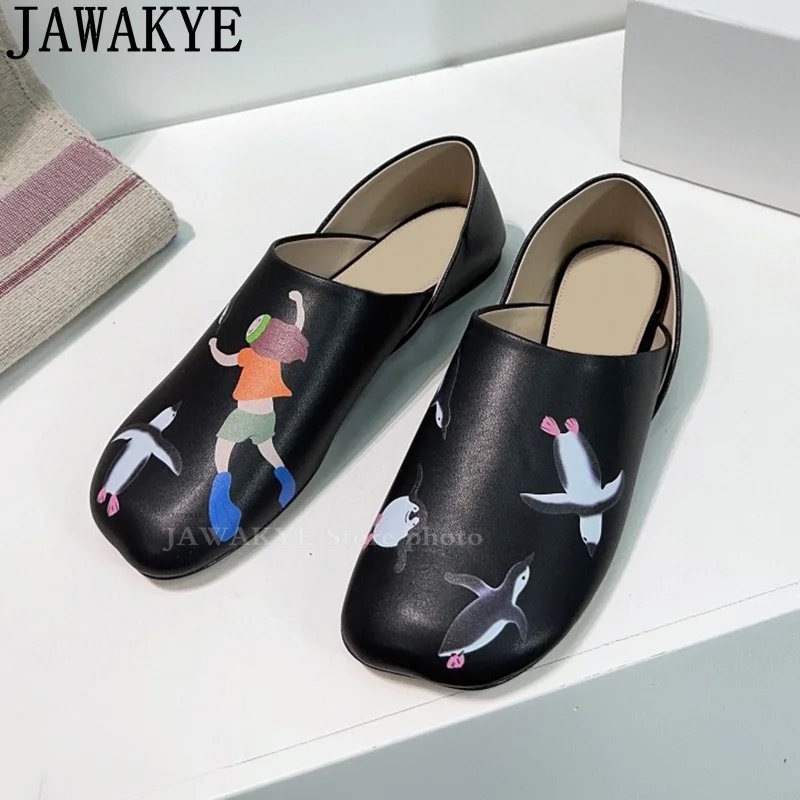 

Real leather Graffiti Flat Shoes for Woman Luxury Famous Fashion Brand Shoes Woman Nude Black Round toe Casual Flat Mules Shoes